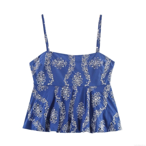 Women's Sexy Backless Floral Embroidery Camisole Tank Top Floral Eyelet Cotton Blend Ruffle Hem Summer Beach Sleeveless Streetwear Top