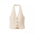 Women Summer Halter Vest Single Breasted Backless Tank Top Polyester Suit Fabric Sleeveless Streetwear Off White Sexy Crop Top For Party Vacation