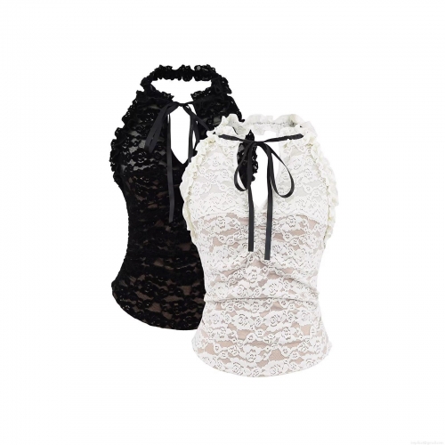 Women Sexy Floral Lace Halter Top With Bow Decor Elegant Backless Sleeveless Ruffle Cami Top For Summer Party Streetwear Fashion Outfits