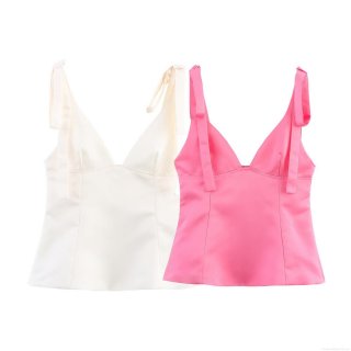 Women's Satin Texture Camisole Top With Bow Tie Shoulder Straps V-Neck Sleeveless Back Zipper Slim Fit Top For Women Summer Streetwear Party