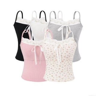 Women's Lace Trim Spliced Ribbed Knit Camisole Top With Chest Pad Bow Knot Slim Fit Spaghetti Strap Summer Tank Top For Women Daily Casual