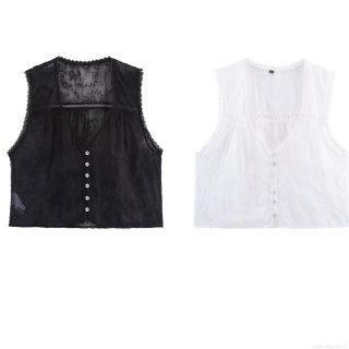 Women's Sexy Lace Mesh Embroidery Vest V-Neck Sleeveless Button Up Blouse Top See Through Floral Sheer Tank Top For Summer Party Clubwear