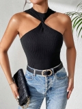 Women Sexy Twist Knot Halter Neck Tank Top Ribbed Knit Sleeveless Slim Fit Cropped Camisole Party Clubwear Backless Summer Chic Vest Top