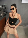 Women's Black Halter Neck Crop Top 95% Polyester 5% Spandex Ruched Cutout Backless Camisole For Summer Streetwear Daily Wear Sexy Slim Fit Tank Top