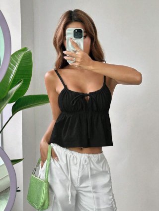 Women's Sexy Cotton Drawstring Camisole Ruched Slim Fit Cropped Tank Top With Ruffle Hem Backless Sleeveless Summer Top For Party Vacation Lady