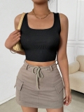 Women Sexy Ribbed Tank Top Backless Lace-up Crop Top Square Neck Sleeveless Slim Fit Hot Girl Style Summer Casual Polyester Elastane Cami Top Streetwear