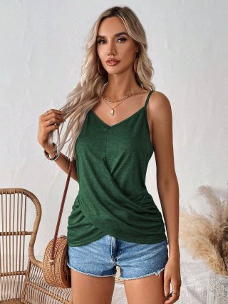 Sexy V Neck Cami Top For Women Summer Solid Color Pleated Twist Front Sleeveless Crop Tank Top Viscose Polyester Blend Breathable Slim Fit Vest For Beach Party Vacation