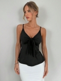 Women's Sexy Black Camisole Tank Top 95% Polyester 5% Elastane Slim Fit Bow Tie Front V Neck Sleeveless Top for Summer Daily Party Clubwear