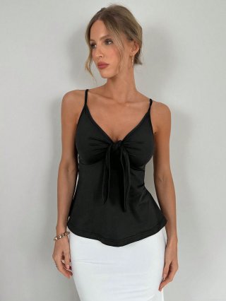 Women's Sexy Black Camisole Tank Top 95% Polyester 5% Elastane Slim Fit Bow Tie Front V Neck Sleeveless Top for Summer Daily Party Clubwear