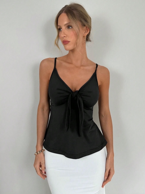 Women's Sexy Black Camisole Tank Top 95% Polyester 5% Elastane Slim Fit Bow Tie Front V Neck Sleeveless Top for Summer Daily Party Clubwear