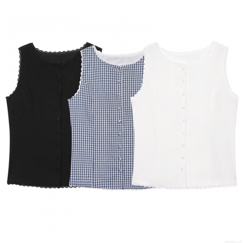 Women's Summer Sleeveless Button Up Vest Top With Lace Trim Elegant Round Neck Polyester Waistcoat Slim Fit Streetwear Daily Casual Tank Top