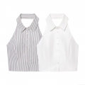 Women's Summer Halter Neck Cropped Tank Top With Shirt Collar Backless Button Down Polyester Striped Sleeveless Vest Streetwear Sexy Camisole For Daily Vacation