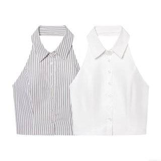 Women's Summer Halter Neck Cropped Tank Top With Shirt Collar Backless Button Down Polyester Striped Sleeveless Vest Streetwear Sexy Camisole For Daily Vacation