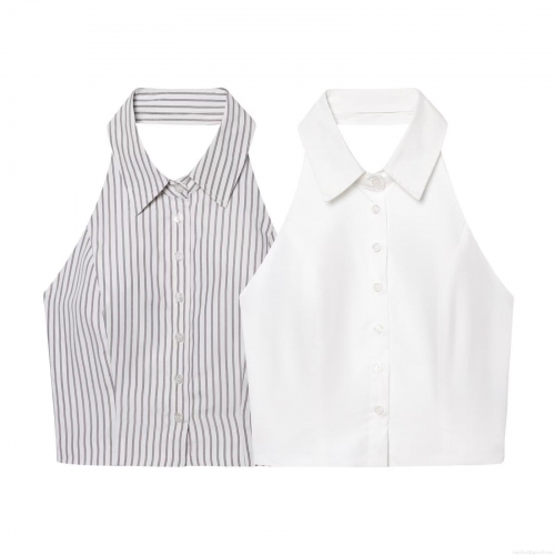Women's Summer Halter Neck Cropped Tank Top With Shirt Collar Backless Button Down Polyester Striped Sleeveless Vest Streetwear Sexy Camisole For Daily Vacation