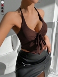 Sexy Halter Neck Ribbed Knit Crop Top With Tie Front Backless Sleeveless Tank Top For Women Chic Summer Casual Party Clubwear