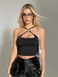 Women's Sexy Halter Neck Cropped Tank Top With Metal Ring Detail Solid Black Slim Fit Sleeveless Y2K Streetwear Top Made Of Polyester And Elastane