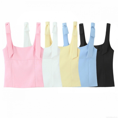 Women's Sexy Square Neck Bow Tie Shoulder Strap Camisole Top Summer Slim Fit Plain Sleeveless Vest Shirt Streetwear Fashion Crop Tank Top