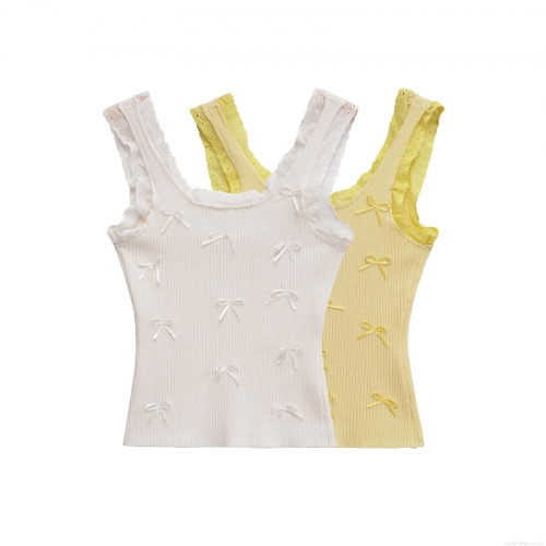 Women's Sweet Ribbed Knit Camisole With Lace Trim And Ribbon Bows Slim Fit Sleeveless Tank Top For Summer Daily Casual Streetwear Women Tops