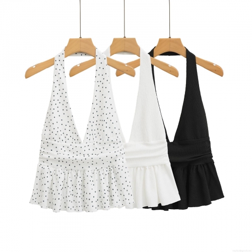 Sexy Backless Halter Neck Peplum Top Women Polyester Seersucker V Neck Ruffle Hem Tank Top For Summer Vacation Polka Dot Solid Cami