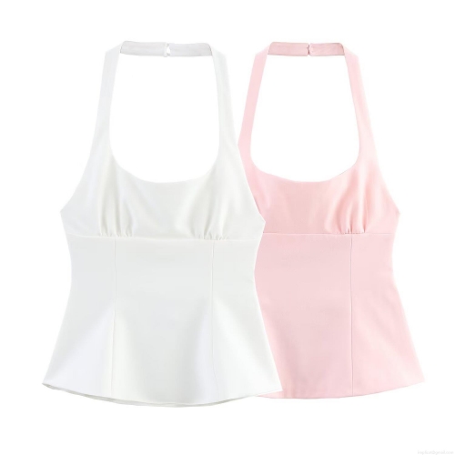 Women Halter Neck Camisole Backless Bow Decor Tank Top Polyester Slim Fit Summer Vacation Streetwear Cami For Ladies