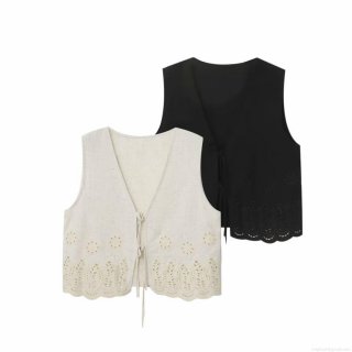 Women's V Neck Sleeveless Vest Top Floral Hollow Out Embroidery Front Tie Up Scalloped Hem Cotton Linen Blend Texture Casual Streetwear Waistcoat