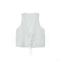 Women's Summer V Neck Sleeveless Embroidered Tie Front Vest Top Boho Hollow Out Scalloped Edge Knit Waistcoat White Polyester Blend Streetwear