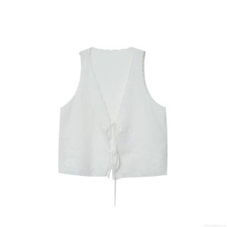 Women's Summer V Neck Sleeveless Embroidered Tie Front Vest Top Boho Hollow Out Scalloped Edge Knit Waistcoat White Polyester Blend Streetwear