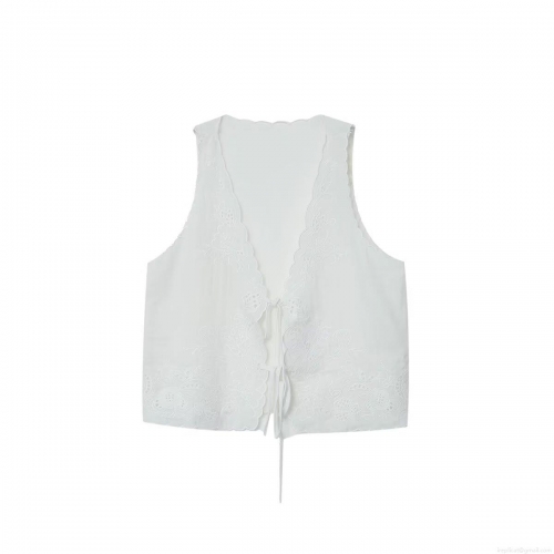Women's Summer V Neck Sleeveless Embroidered Tie Front Vest Top Boho Hollow Out Scalloped Edge Knit Waistcoat White Polyester Blend Streetwear