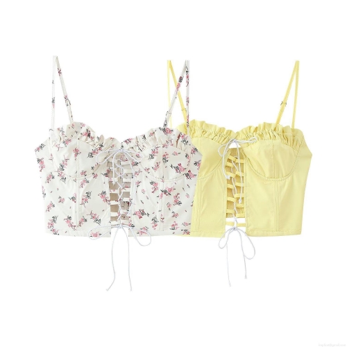 Women's Floral Print Lace Up Corset Camisole Top Slim Fit Polyester Adjustable Straps Frill Trim Bustier Crop Tank Top For Women Vacation Summer Streetwear