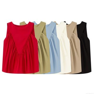 Women's Sleeveless Round Neck Pleated Polyester Tank Top Casual Solid Color Ruched Loose Summer Vest Top For Women Daily Wear
