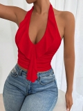 Women's Sexy Red Halter Crop Top Backless Ruffled V-Neck Slim Fit Polyester Spandex Vest Summer Fashion Clubwear For Dating Party Vacation