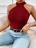 Women's Sexy Backless Halter Top Wine Red Ribbed Knit Slim Fit Crop Tank Top Tie Back Bow Sleeveless Camisole For Party Clubwear
