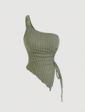 Women's Sexy One Shoulder Rib Knit Tank Top With Gold Buckle Asymmetrical Ruched Drawstring Sleeveless Slim Fit Cropped Cami Vest Top Sage Green