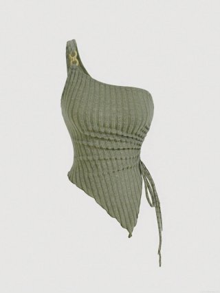 Women's Sexy One Shoulder Rib Knit Tank Top With Gold Buckle Asymmetrical Ruched Drawstring Sleeveless Slim Fit Cropped Cami Vest Top Sage Green