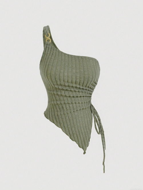 Women's Sexy One Shoulder Rib Knit Tank Top With Gold Buckle Asymmetrical Ruched Drawstring Sleeveless Slim Fit Cropped Cami Vest Top Sage Green