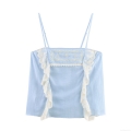 Women's Summer Light Blue Camisole Top Embroidery Lace Patchwork Ruffle Adjustable Spaghetti Strap Tank Top Sleeveless Streetwear Casual Crop Top