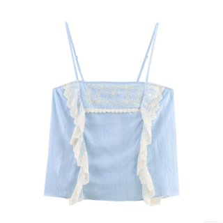 Women's Summer Light Blue Camisole Top Embroidery Lace Patchwork Ruffle Adjustable Spaghetti Strap Tank Top Sleeveless Streetwear Casual Crop Top