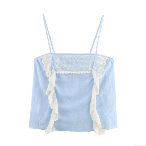 Women's Summer Light Blue Camisole Top Embroidery Lace Patchwork Ruffle Adjustable Spaghetti Strap Tank Top Sleeveless Streetwear Casual Crop Top