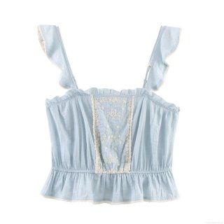 Women's Light Blue Floral Embroidery Cami Top Ruffle Strap Smocked Hem Lace Trim Boho Sleeveless Blouse For Summer Vacation
