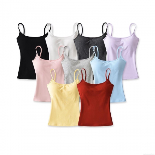 Women's Summer Ribbed Knit Camisole Top With Built-in Chest Pad Slim Fit Sexy Sleeveless Tank Top For Daily Streetwear Polyester Solid Color Top