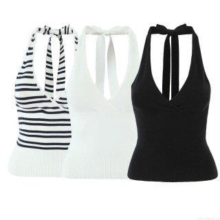 Women Sexy Halter Knit Tank Top Backless Tie-Up Ribbed Hem Striped Sleeveless Vest Top Summer Casual Streetwear Top For Women