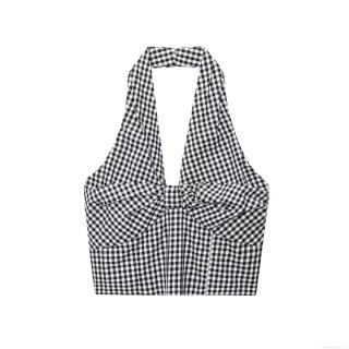Women's Sexy Gingham Halter Neck Smocked Camisole Backless Checkered Crop Top Summer Streetwear Slim Fit Polyester Tank Top For Party Vacation