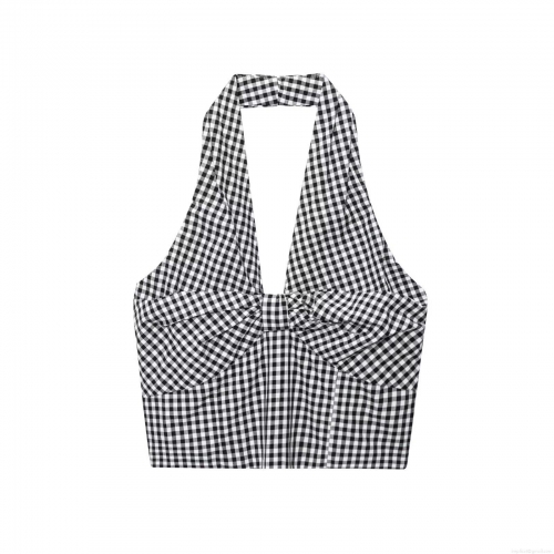 Women's Sexy Gingham Halter Neck Smocked Camisole Backless Checkered Crop Top Summer Streetwear Slim Fit Polyester Tank Top For Party Vacation