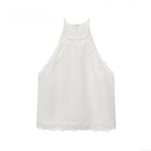 Women's Summer Halter Lace Crochet Tank Top White Patchwork Backless Sleeveless Cotton Linen Blend Sexy Streetwear Casual Vest Shirt