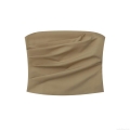 Women's Sexy Ruched Strapless Tube Top Khaki Solid Color Polyester Slim Fit Crop Top Sleeveless Summer Streetwear Fashion Vest for Women Daily Party