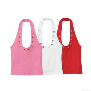 Women Sexy Halterneck Tank Top Ribbed Polyester Hollow Out Metal Eyelets Deep U Neck Summer Casual Streetwear Slim Fit Sleeveless Tops