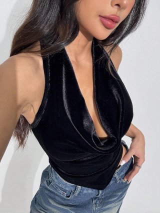 Women Sexy Velvet Cowl Neck Halter Top Backless Irregular Hem Tank Top Sleeveless Polyester Spandex Cami For Party Club Black