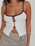 Women's Sexy Contrast Ribbed Tank Top White Slim Fit Camisole With Black Bows Y2K Summer Sleeveless Crop Top