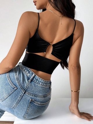 Women's Sexy Black Cami Top Backless With Metal Buckle Detail Crop Tank Top Slim Fit Polyester Elastane Summer Clubwear Party Sleeveless Top