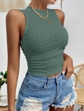 Women's Elegant Hollow Out Knit Vest Top Chic Gray Green Sleeveless Mock Neck Crop Tank Top Slim Fit Summer Commuter Pullover Knitwear